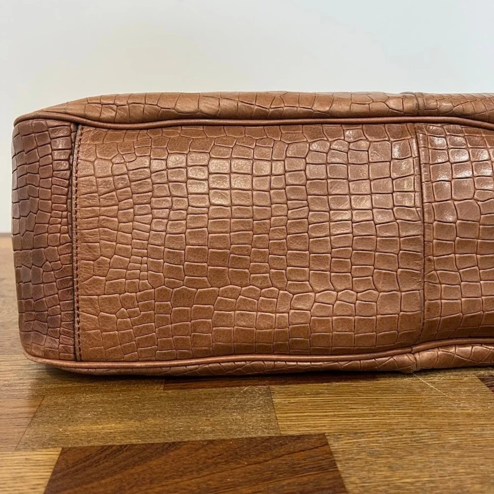 Tahari Crocodile Embossed Leather Hobo Bag Large Cognac Tote Gold Hardware Boho